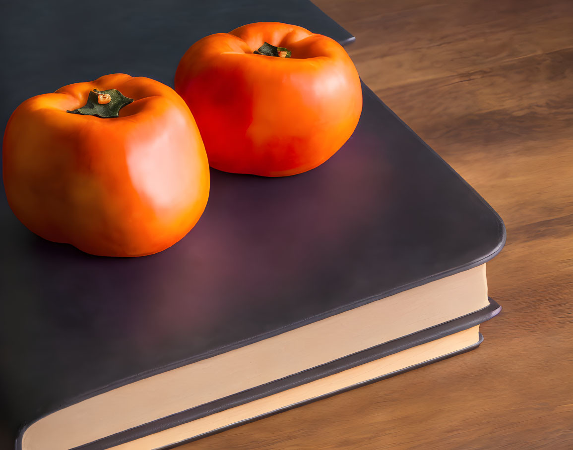 Ripe persimmons on closed hardcover book on wooden surface