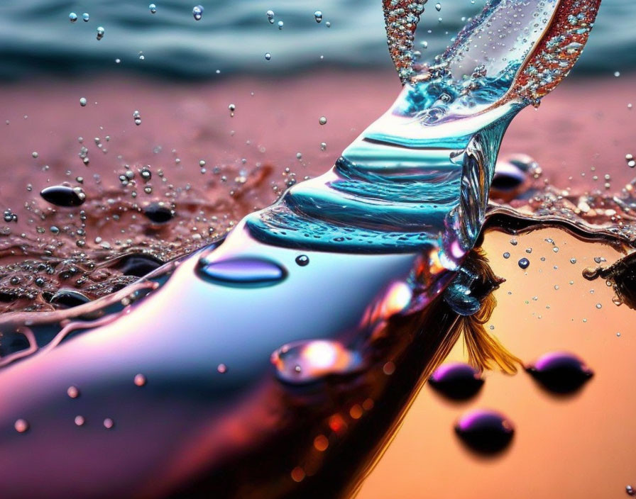 Close-Up Water Splash with Suspended Droplets Reflecting Blue and Orange Hues