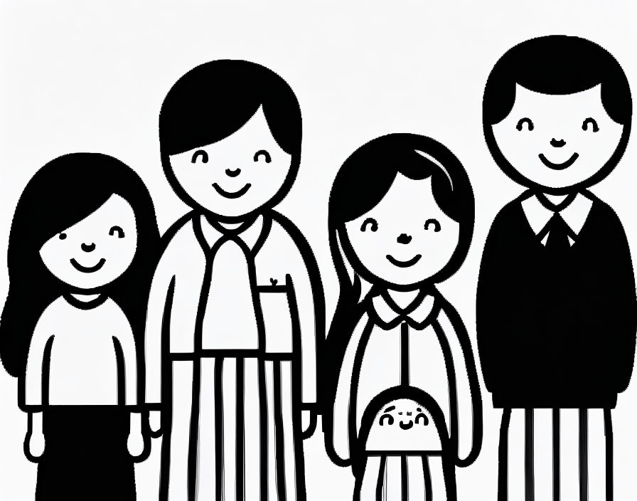 Monochrome family portrait with father, mother, son, daughter, and baby