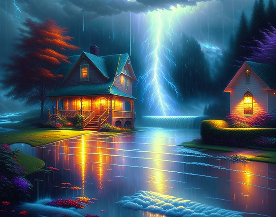 Riverside house under stormy sky with vibrant lightning and flora