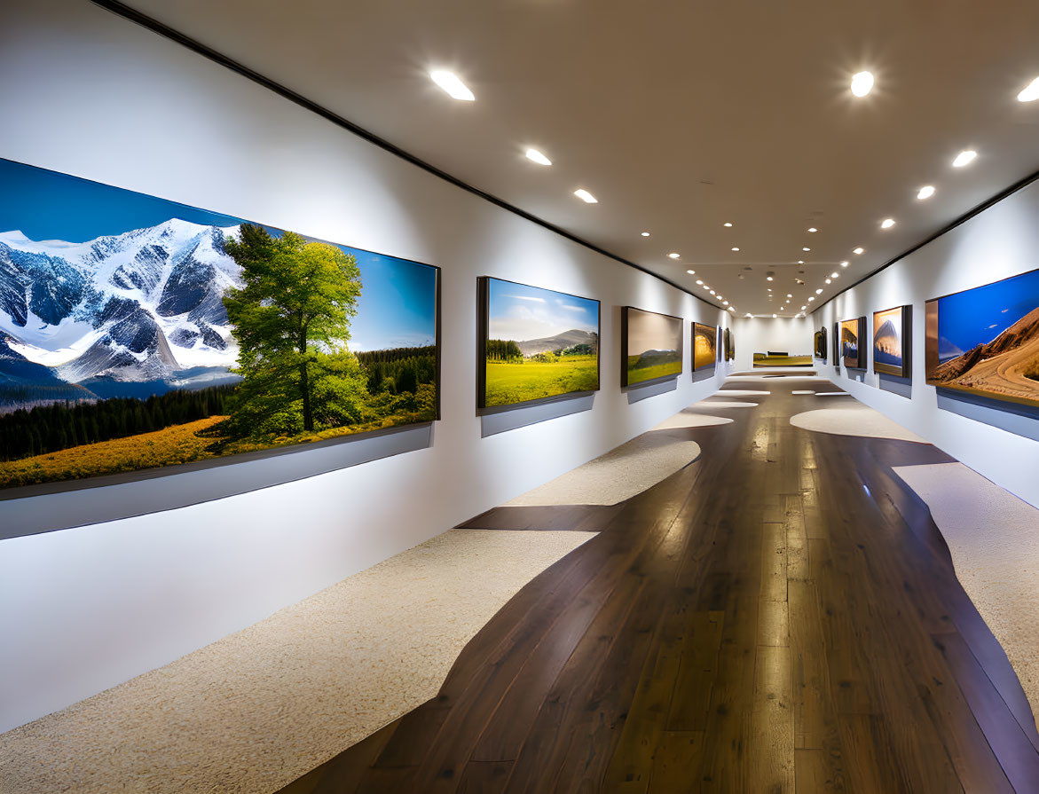 Curved white wall gallery with landscape photographs