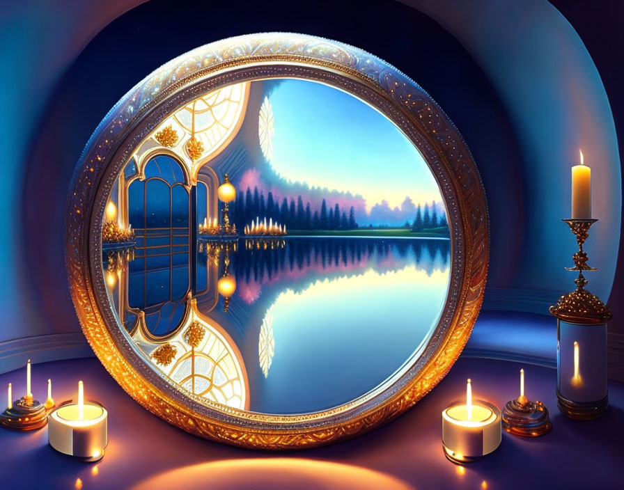 Ornate golden frame mirror reflecting serene lake and forest at night