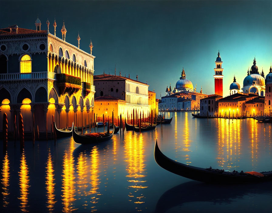 Historical Venetian cityscape with gondolas at dusk