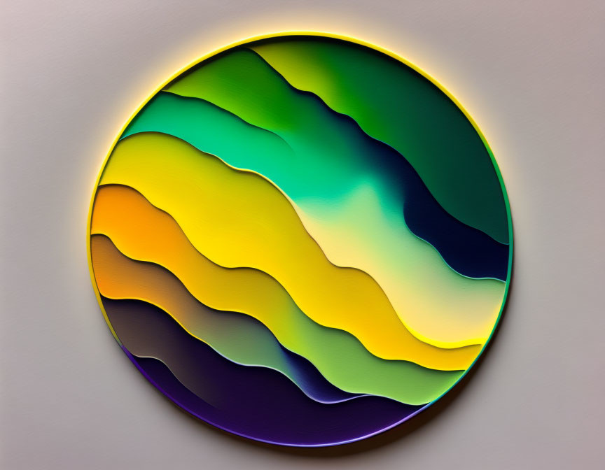 Vibrant circular artwork with flowing patterns in green, blue, yellow, and purple