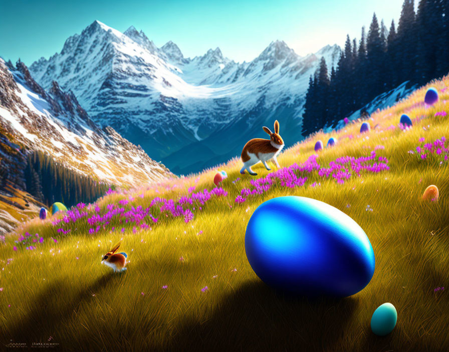 Fantastical landscape with oversized colorful eggs, small rabbits, and vibrant purple flowers against snowy mountains