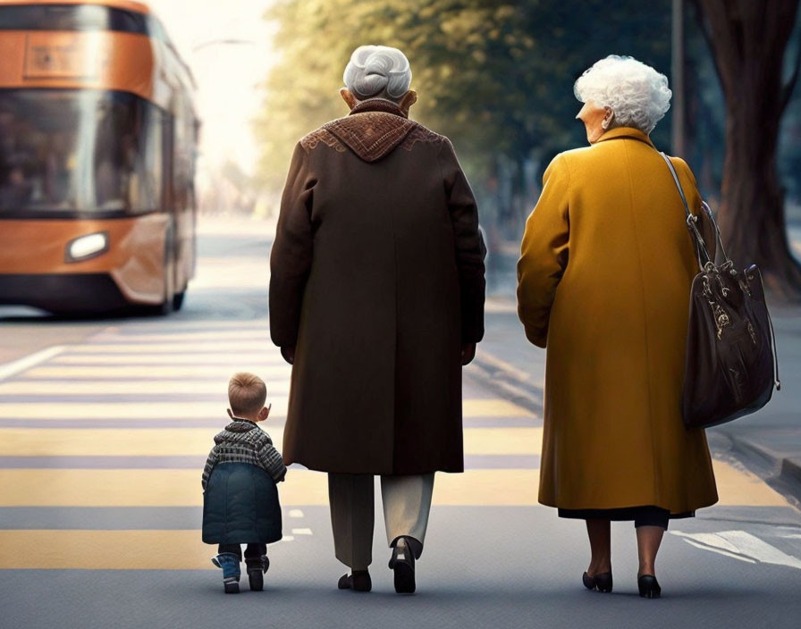 Elderly couple with child crossing street near tram