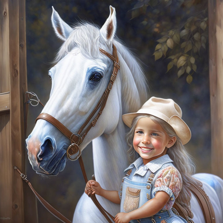 Young girl in cowboy hat with white horse in stable.