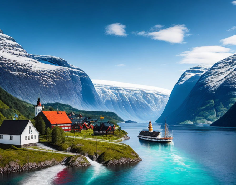 Norwegian fjord village with boats, mountains, and serene sky