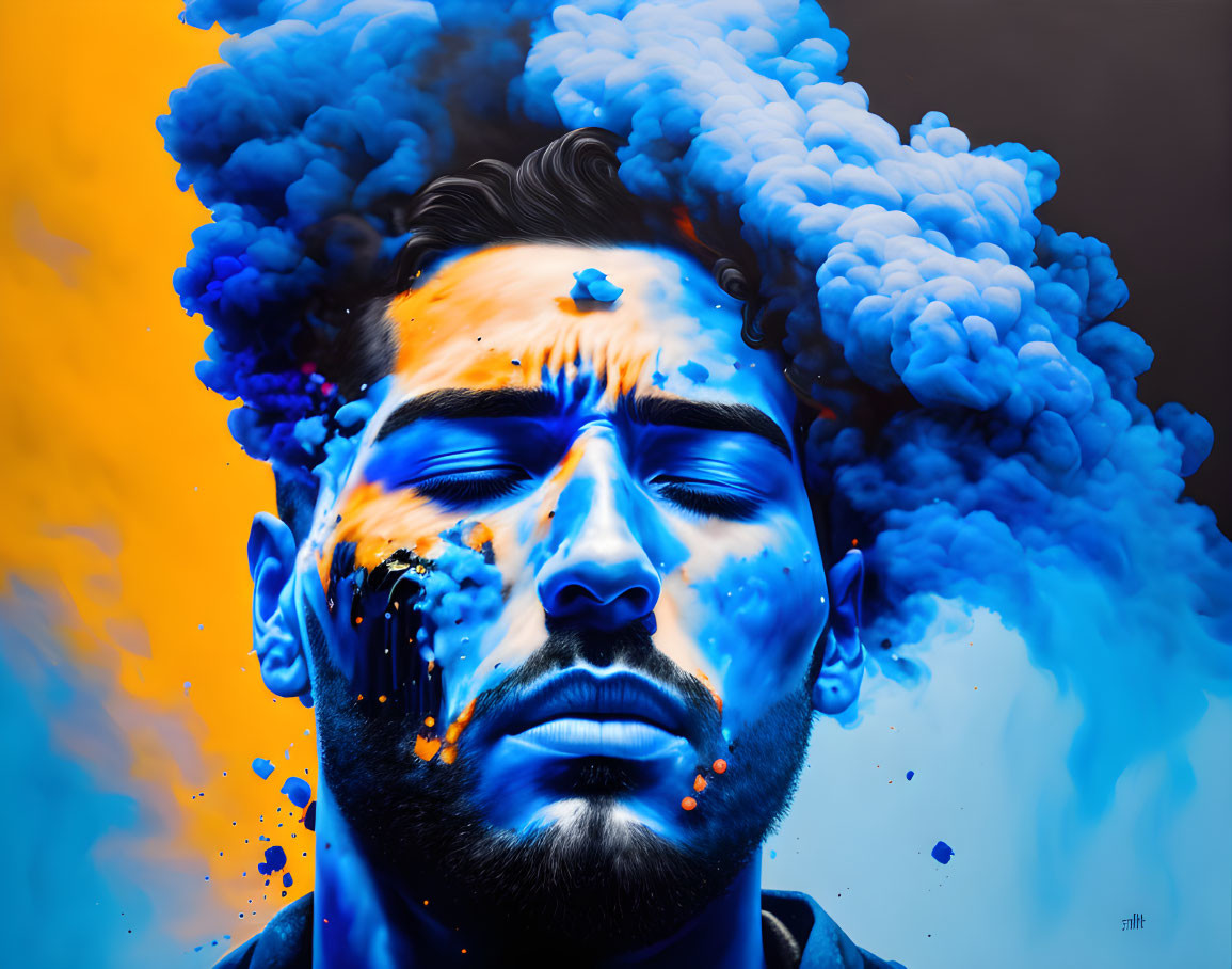 Man's portrait with closed eyes in blue and orange swirling textures