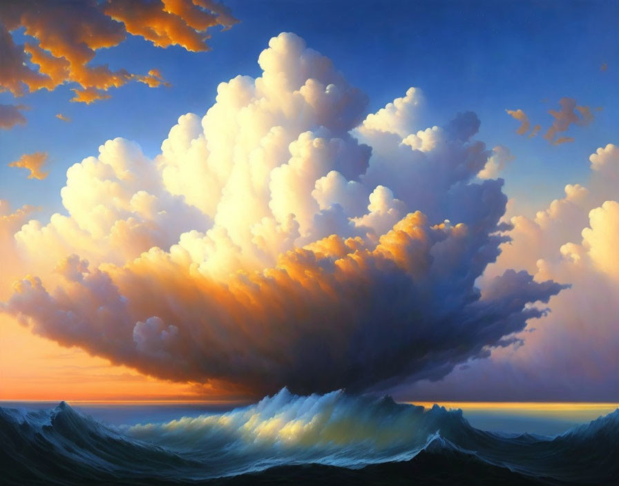 Impressive painting of cumulus cloud at sunset over stormy ocean