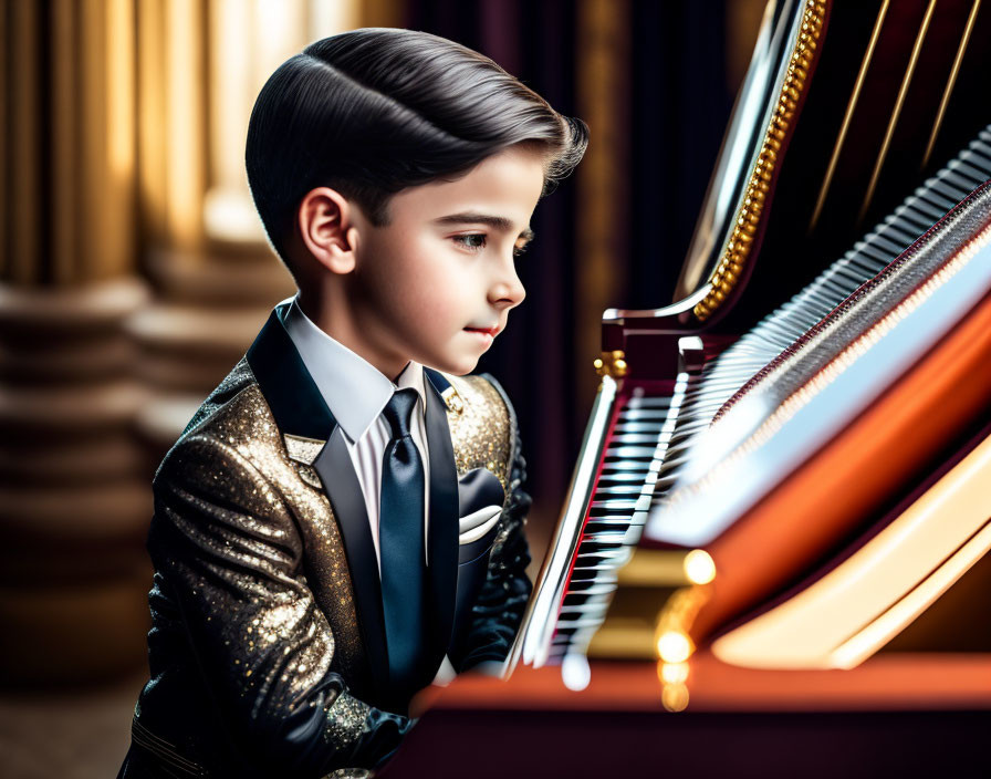 Young boy in glittering tuxedo plays grand piano in elegant room