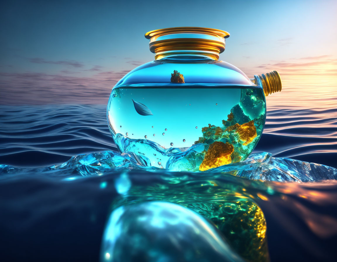 Fishbowl with world map design on ocean water at sunset with jumping fish