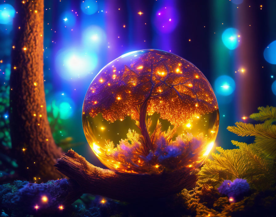 Glowing orb with tree in forest setting under starry sky