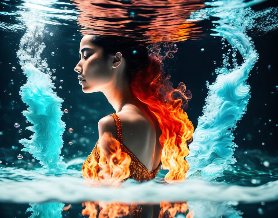 Red-haired woman in ornate orange dress submerged in surreal underwater scene