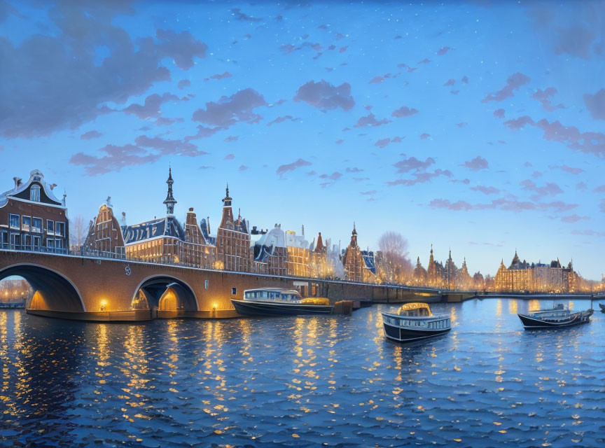 Calm canal in Amsterdam with illuminated buildings, arched bridge, boats at twilight