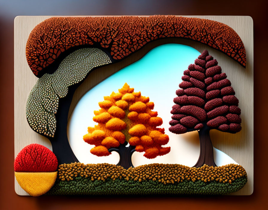 Autumn trees in various colors on curved wooden canvas with turquoise backdrop