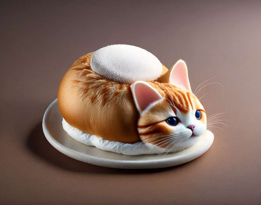 Digital art: Cat and bread fusion with feline head on bread body