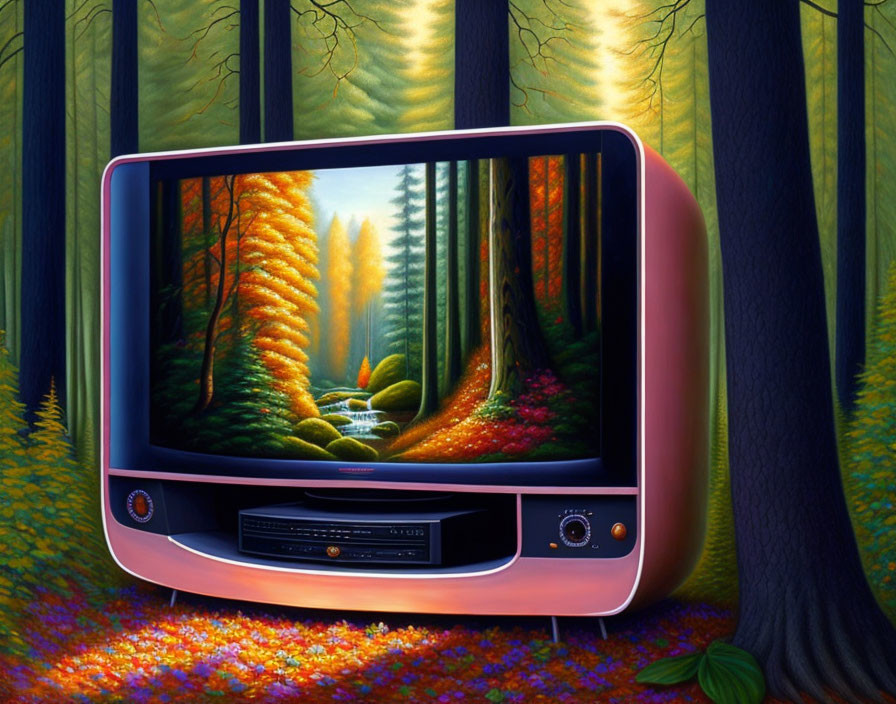 Vintage Television Set Displays Autumn Forest Scene