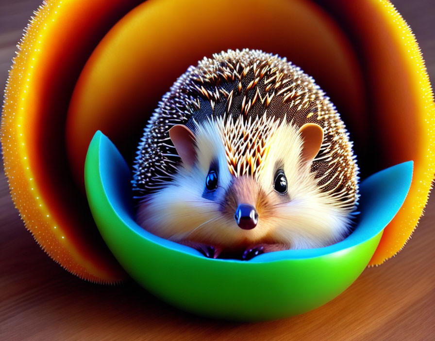 Adorable hedgehog nestled in colorful measuring cups under warm lighting