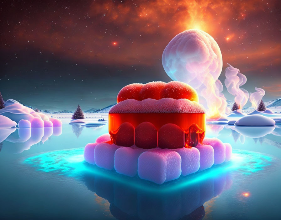 Surreal digital artwork: Reflective cake object on icy landscape