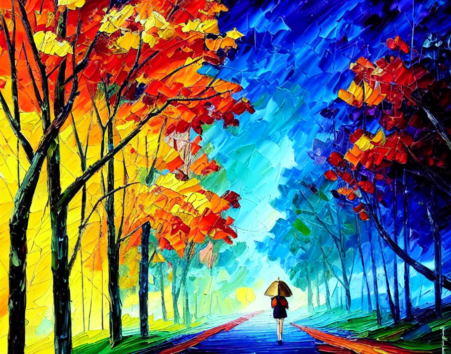 Colorful autumn painting: Person with umbrella walking amidst vibrant trees