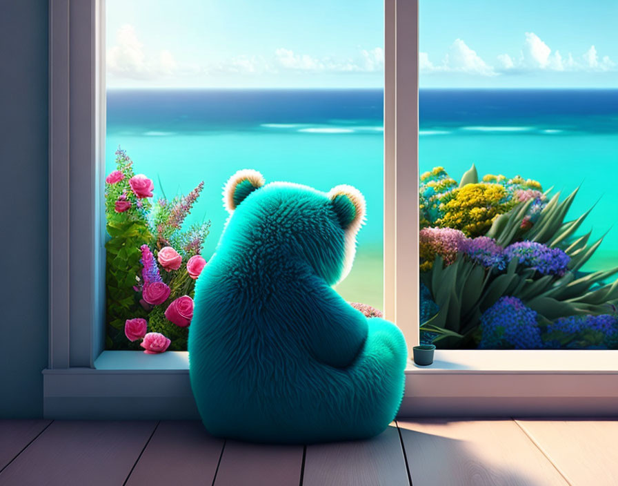 Blue plush bear by window with sea view, flower box, and coffee cup