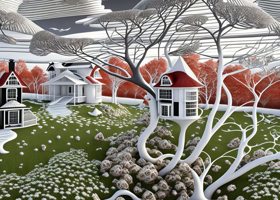 Surreal white trees and houses in a whimsical landscape with red leaves and stone-like objects