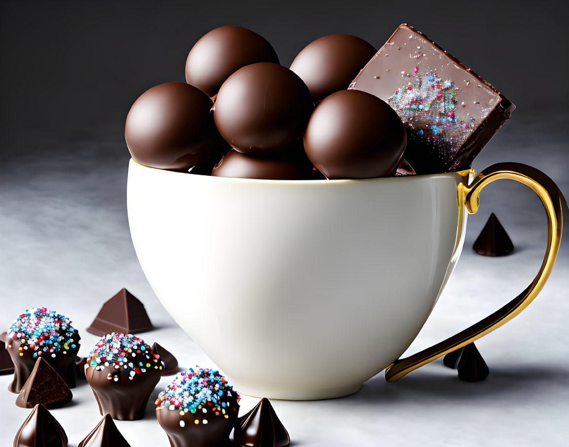 White Cup Overflowing with Chocolate Balls and Colorful Sprinkles on Marbled Surface