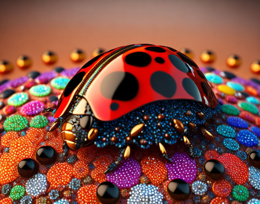 Colorful 3D Ladybug on Beaded Surface with Reflective Spheres