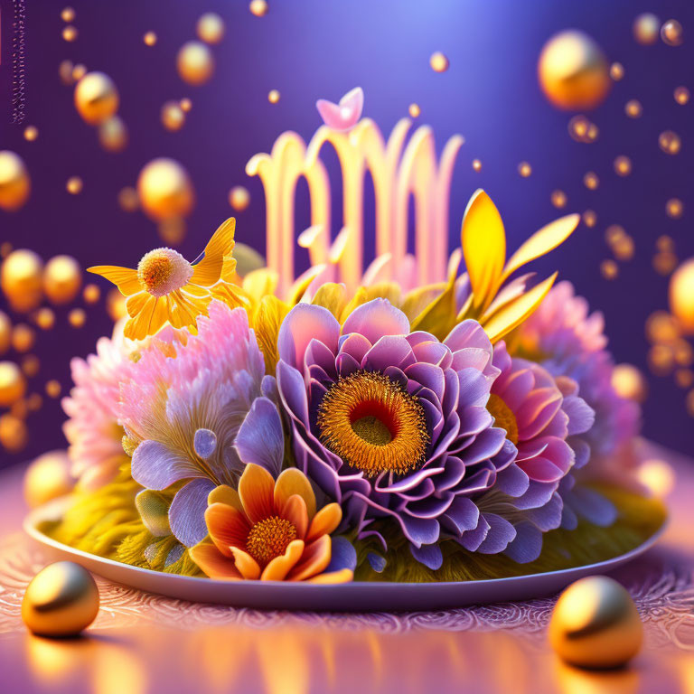 Colorful digital artwork: Whimsical flower arrangement with purple, orange, and yellow blooms on a