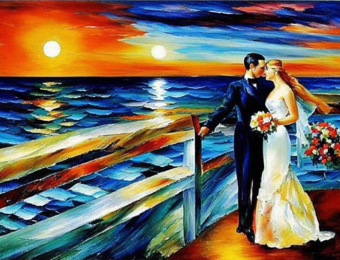 Wedding couple kissing by vibrant dual sunset seascape