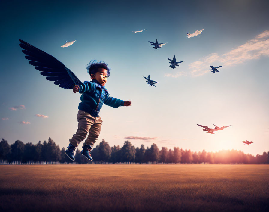 Child with Wings Soaring Among Birds in Twilight Sky