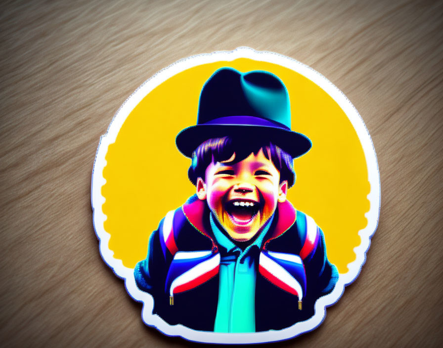 Colorful boy sticker on wooden surface with yellow background