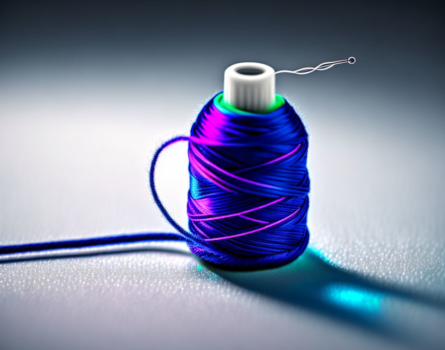 Vibrant blue threaded needle on textured surface in focused light