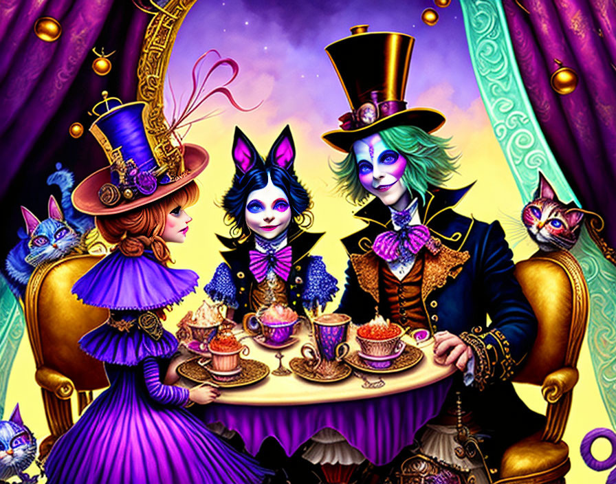 Whimsical tea party with vibrant, anthropomorphic animals