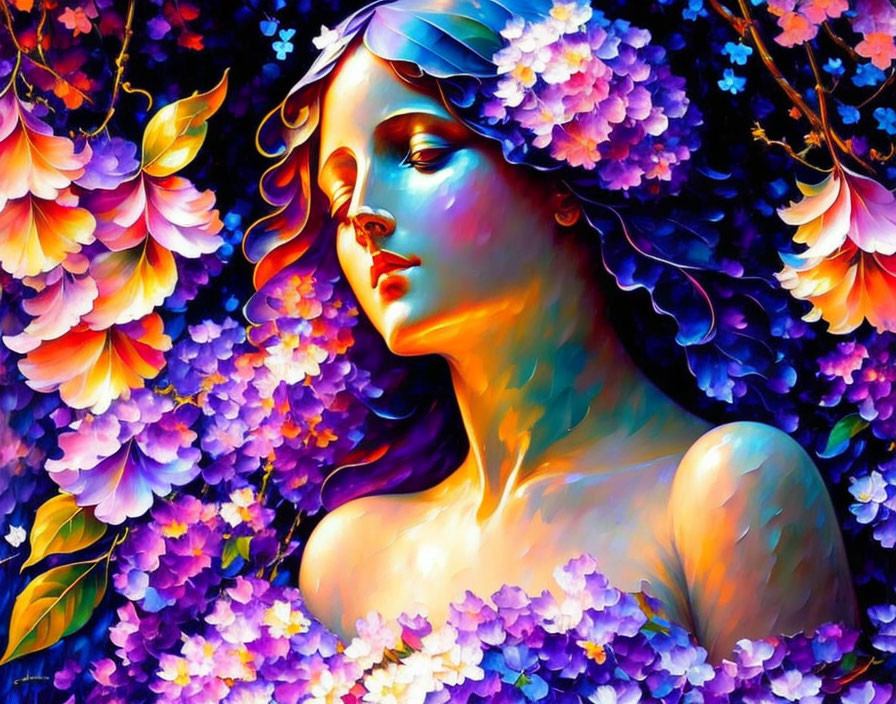 Vibrant digital artwork: Woman's profile with colorful flowers