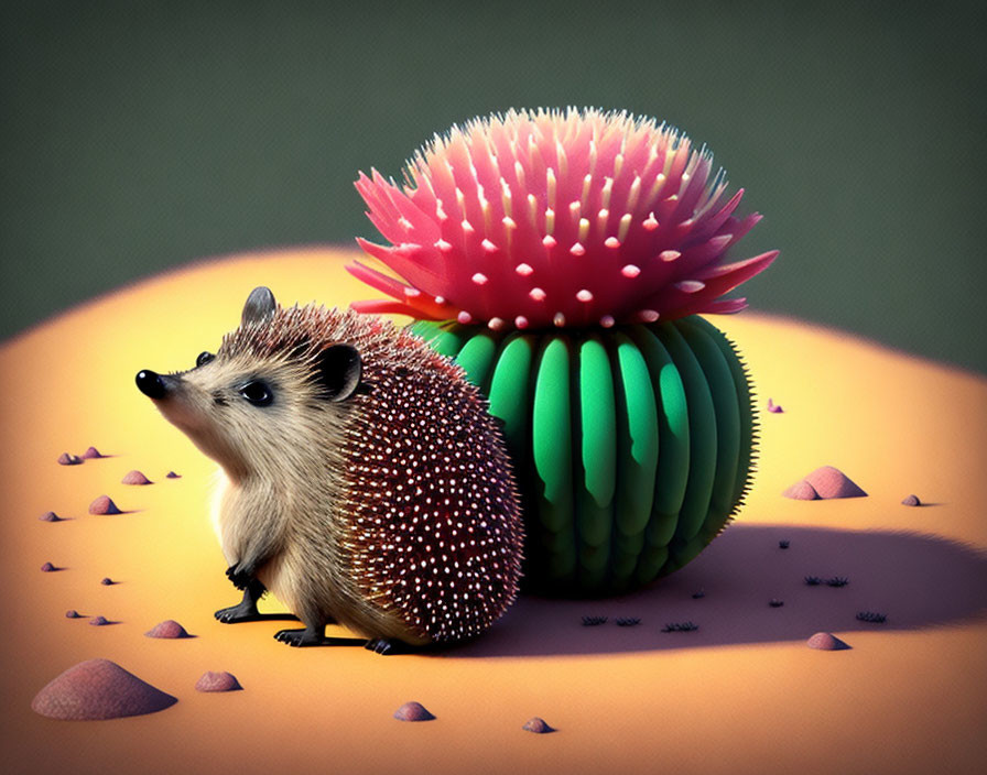 Colorful Hedgehog Illustration with Cactus Body on Orange Background