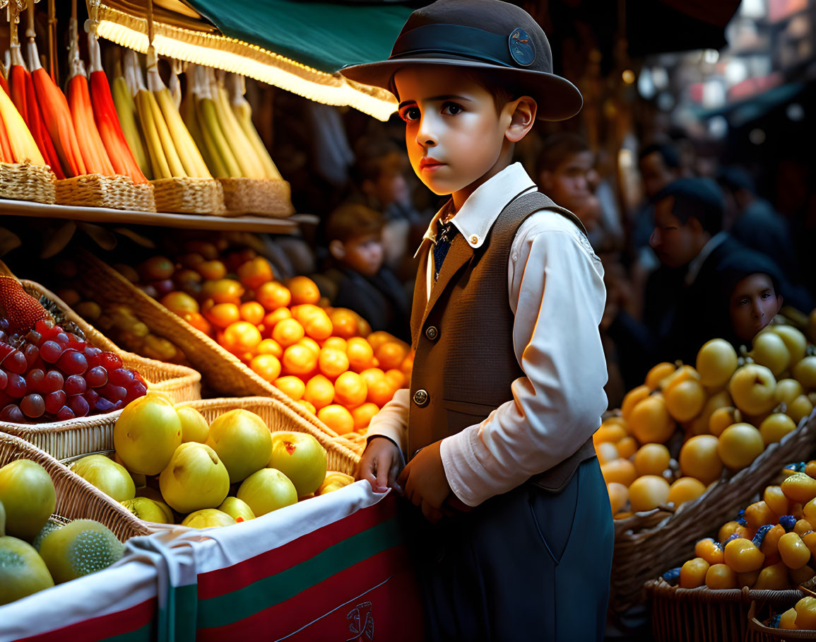 Vintage-attired boy at colorful fruit stalls in bustling market