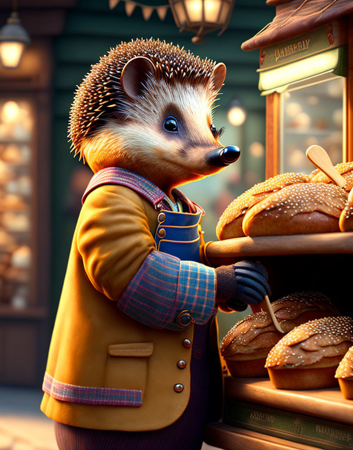 Anthropomorphic hedgehog in yellow coat admires sesame seed buns in cozy bakery setting at dusk