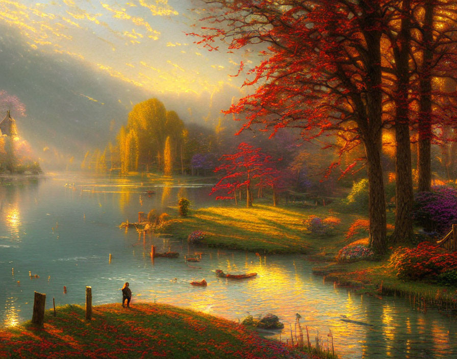 Tranquil sunset lake scene with autumn trees, person, and boat