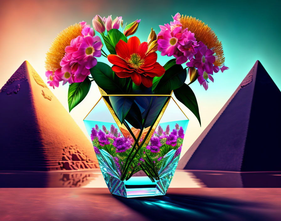 Colorful bouquet in geometric vase with Egyptian pyramids and sunset sky.