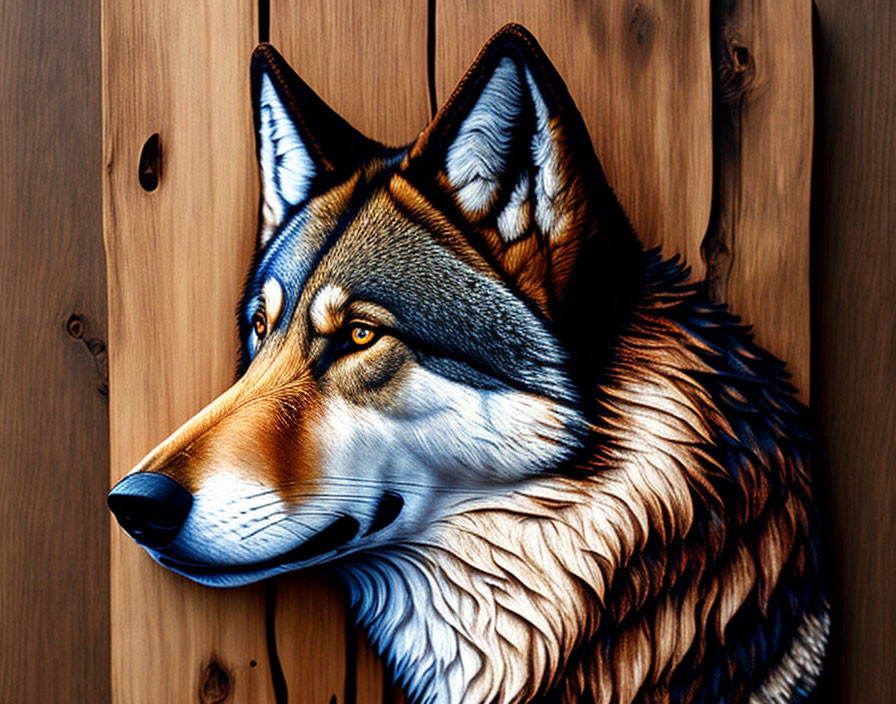 Detailed Wolf's Head Artwork on Wooden Plank Background