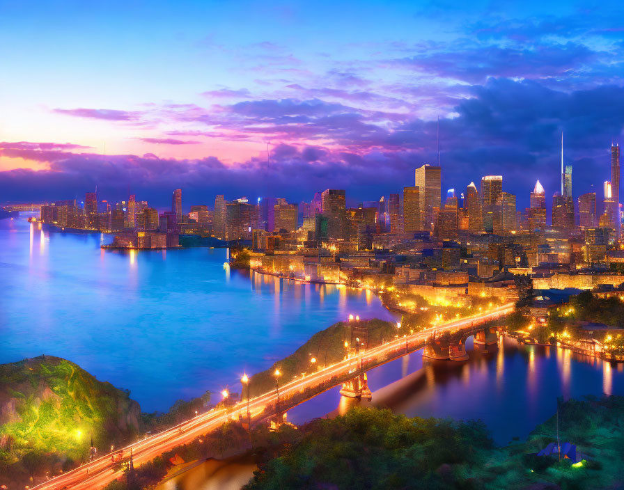 Twilight cityscape with illuminated skyscrapers and glowing bridge