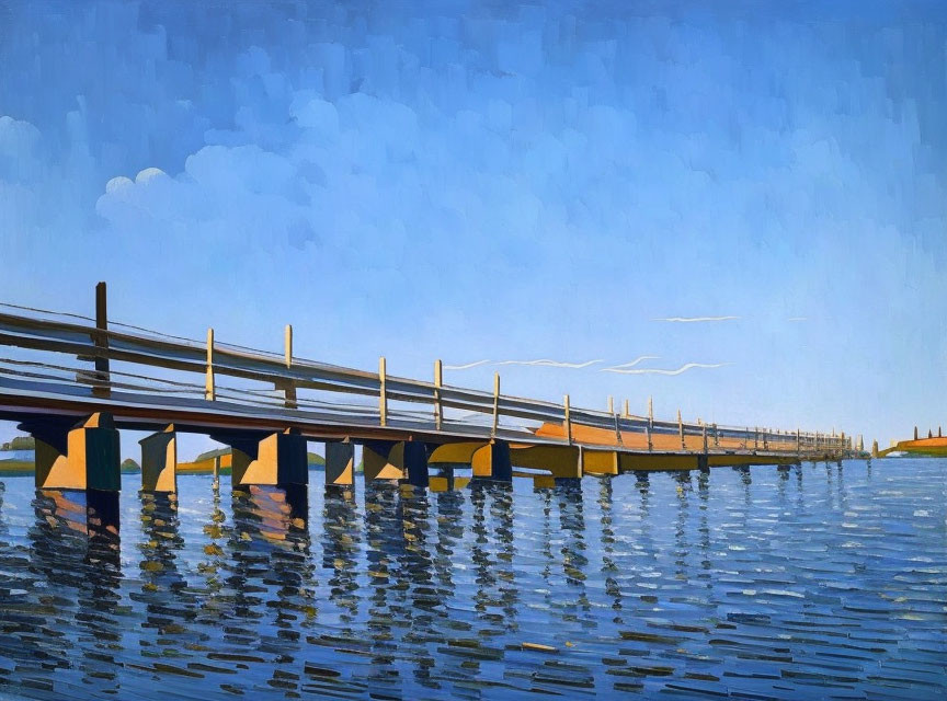 Stylized painting of long pier over calm blue water