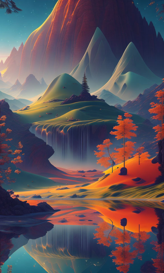 Vibrant surreal landscape: mountains, waterfalls, autumn trees, serene lake.