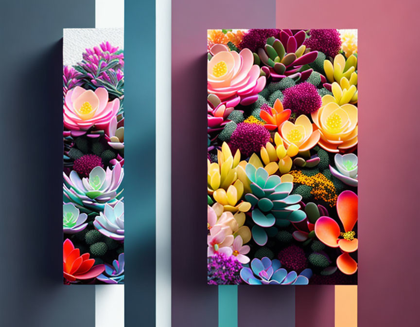 Colorful 3D paper art of flowers and succulents on abstract background