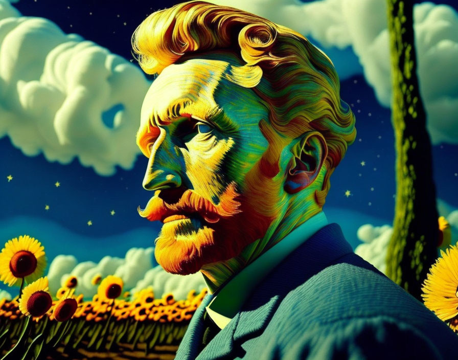 Vincent van Gogh-inspired artwork with swirling clouds and sunflowers