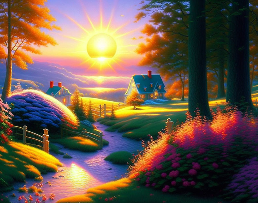 Colorful Landscape: Cottage by River in Vibrant Sunset Scene