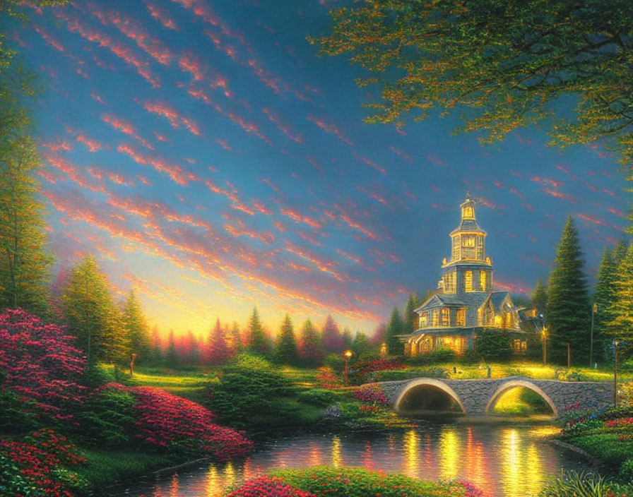 Scenic painting of steepled building, gardens, bridge, and sunset sky.