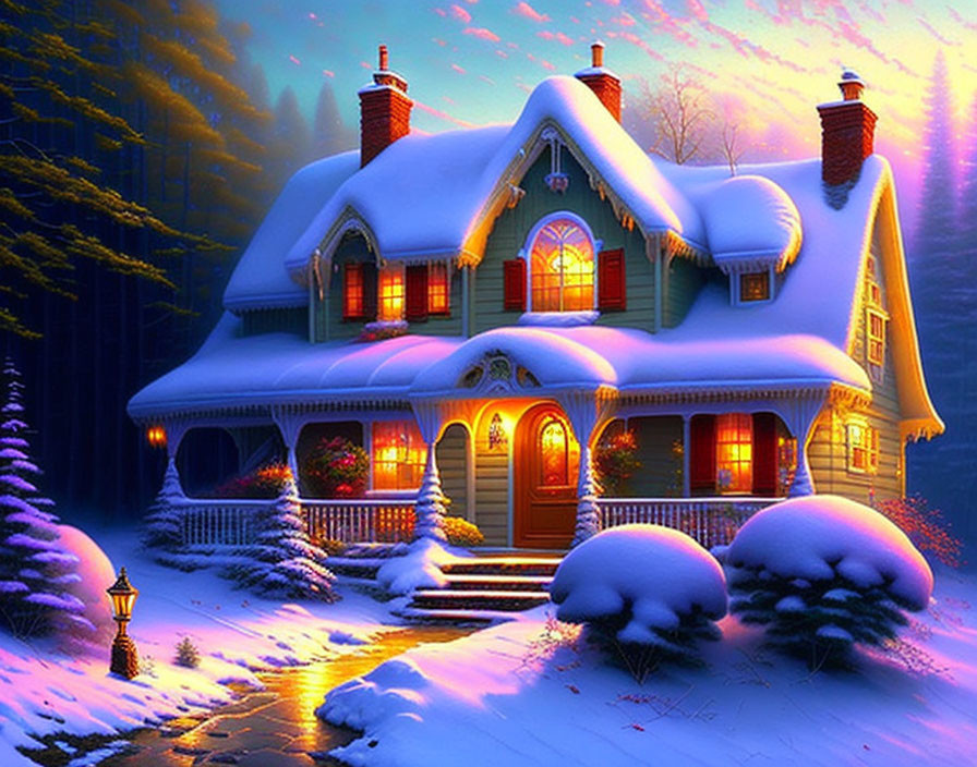 Snow-covered cottage among pine trees at twilight: cozy holiday charm.